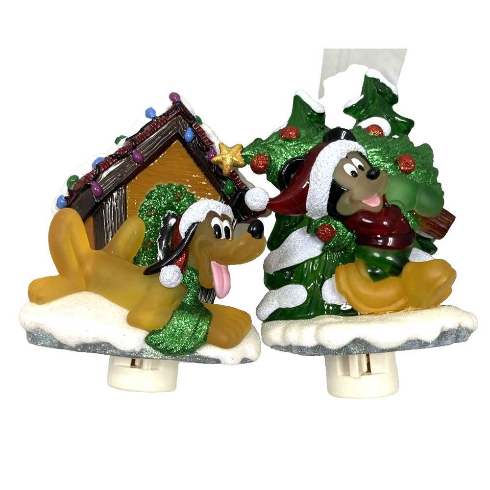 Pair Of Vtg Disney Pluto & Mickey Mouse Plug‎ In Nightlight Christmas Glitter